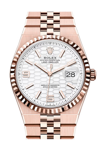 Rolex Land- Dweller 36 White Dial Fluted Bezel Rose Gold Watch 127235