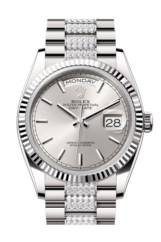 Rolex Day-Date 36 Silver Dial Fluted Bezel White Gold Diamond President Watch 128239