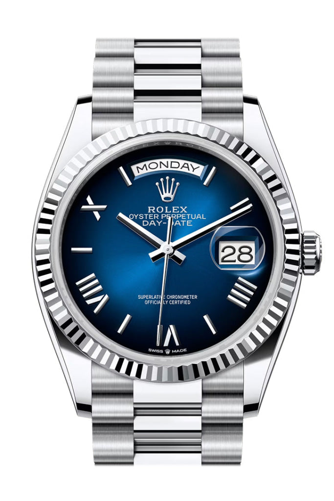 Rolex Day Date 36 Bright Blue Roman Dial Fluted Bezel Platinum President Bracelet 128236 Watch