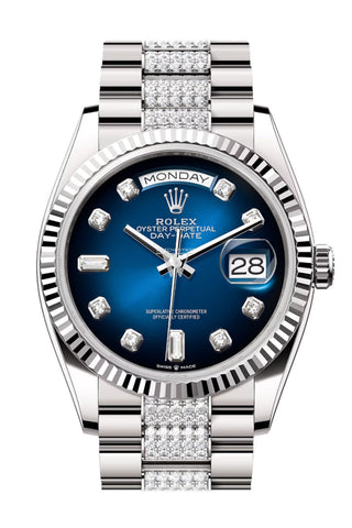 Rolex Day-Date 36 Blue ombré Diamond Dial Fluted Bezel White Gold Diamond President Watch 128239