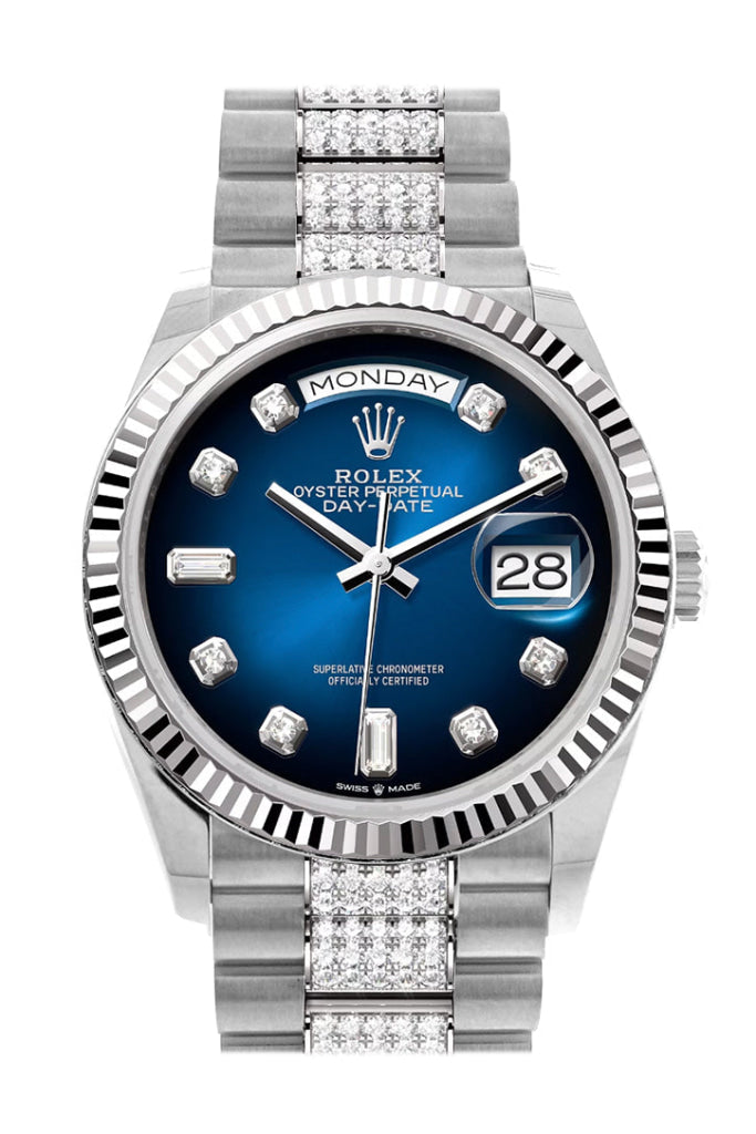 Rolex Day-Date 36 Blue Ombré Diamond Dial Fluted Bezel White Gold President Watch 128239