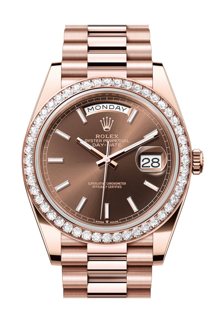 Rolex Day-Date 40 Chocolate Dial Diamond Bezel 18K Everose Gold President Men’s Watch 228345Rbr