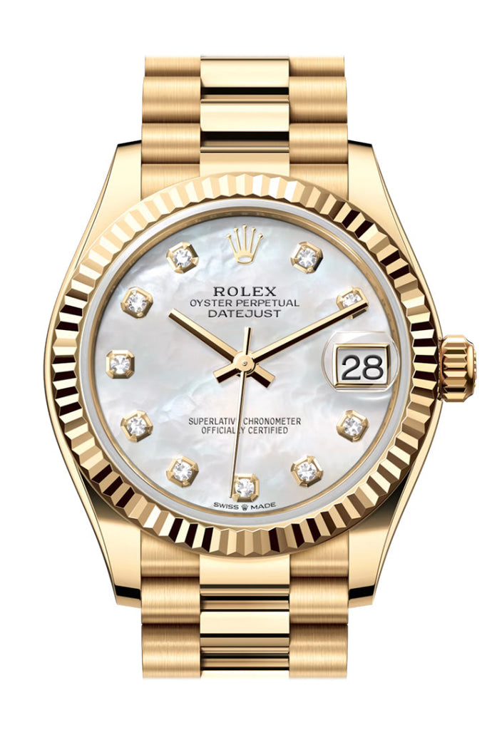 Rolex Datejust 31 Mother Of Pearl Diamond Dial Fluted Bezel Yellow Gold Ladies Watch 278278