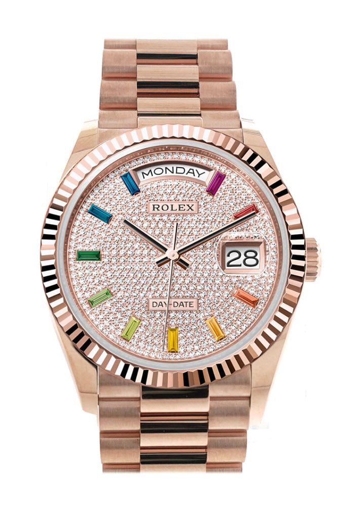 Rolex Day-Date 36 Diamond Paved Dial Fluted Bezel 18K Everose Gold President Watch 128235