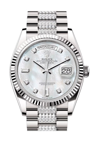 Rolex Day-Date 36 Mother Of Pearl Diamond Dial Fluted Bezel White Gold President Watch 128239