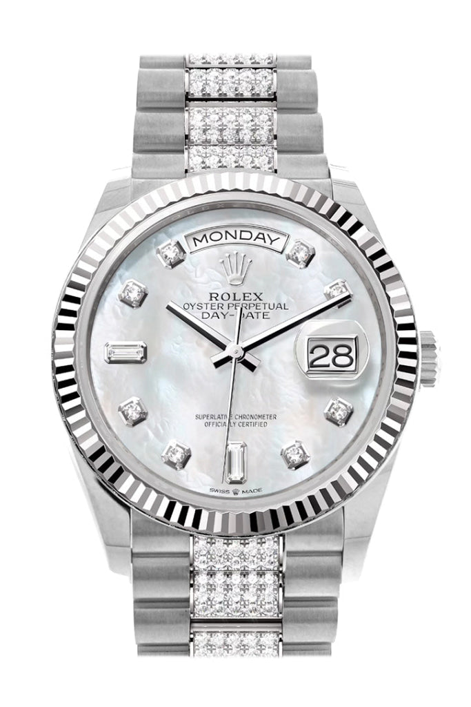 Rolex Day-Date 36 Mother Of Pearl Diamond Dial Fluted Bezel White Gold President Watch 128239