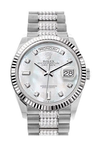 Rolex Day-Date 36 Mother Of Pearl Diamond Dial Fluted Bezel White Gold President Watch 128239