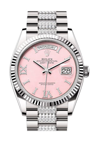 Rolex Day-Date 36 Pink Opal Diamond Dial Fluted Bezel White Gold President Watch 128239