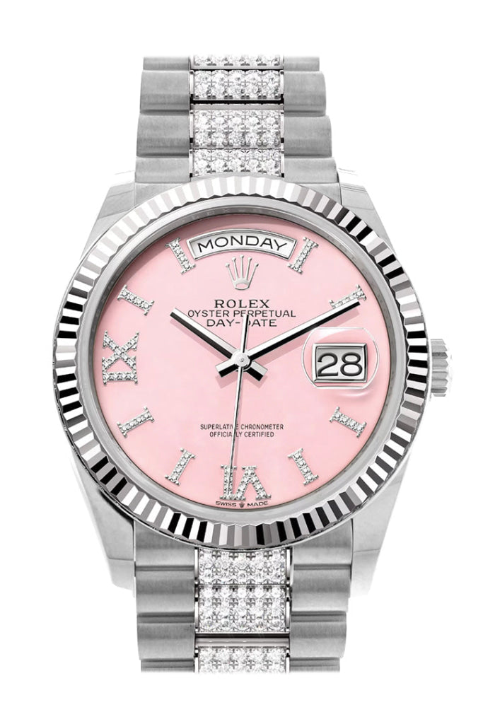 Rolex Day-Date 36 Pink Opal Diamond Dial Fluted Bezel White Gold President Watch 128239