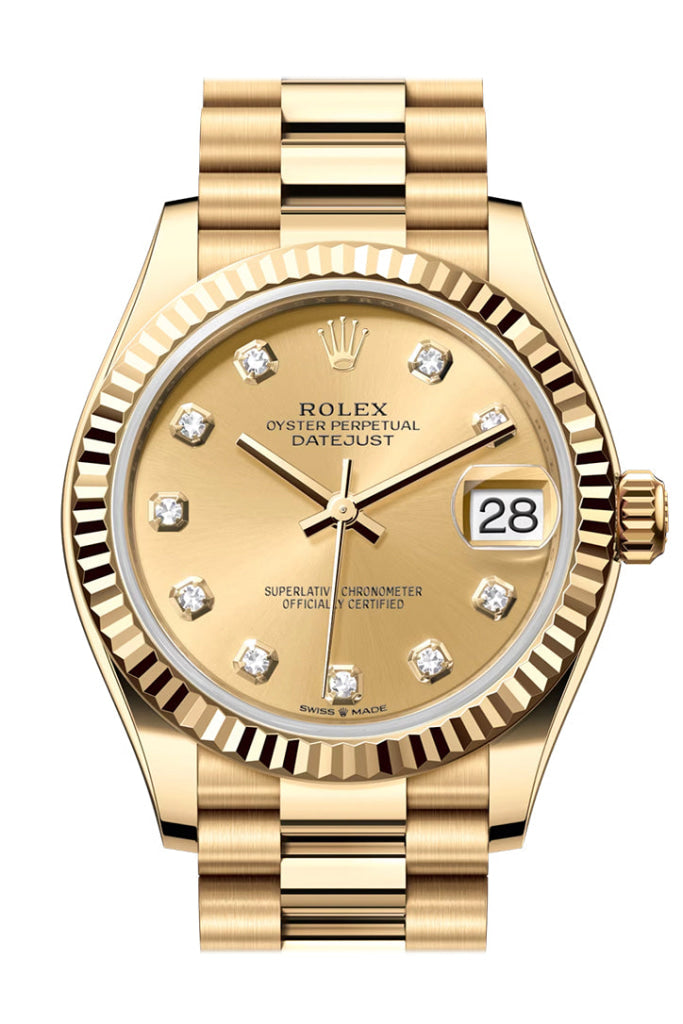 Rolex Datejust 31 Champagne Diamond Dial Fluted Bezel Yellow Gold Ladies Watch 278278 278278-0009