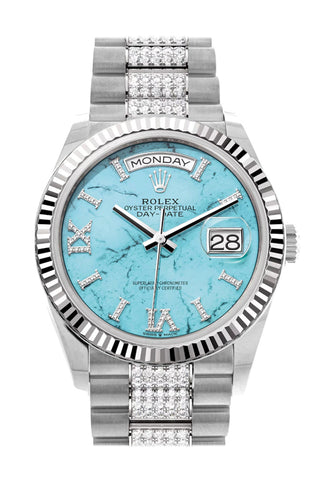 Rolex Day-Date 36 Turquoise Diamond Dial Fluted Bezel White Gold President Watch 128239