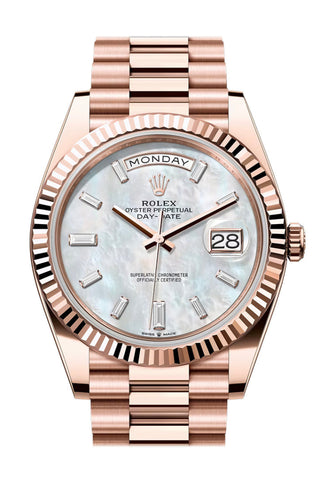 Rolex Day Date 40 White Mop Diamond Dial Fluted Bezel Rose Gold President Bracelet 228235 Watch