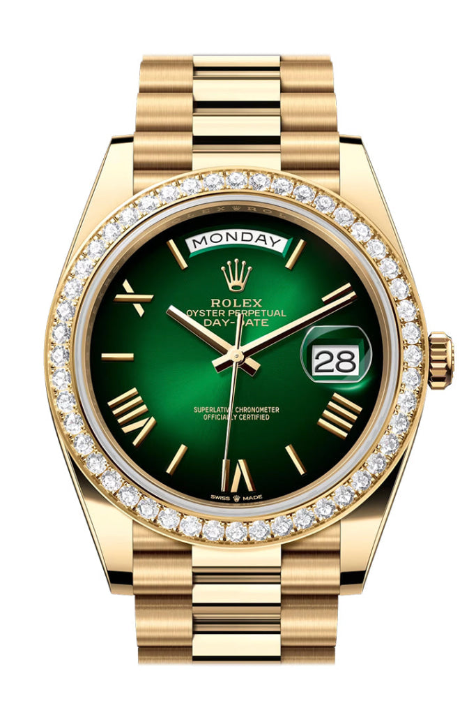 Rolex Day Date 40 Green Ombre Roman Dial Diamond Bezel Yellow Gold President Bracelet 228348Rbr