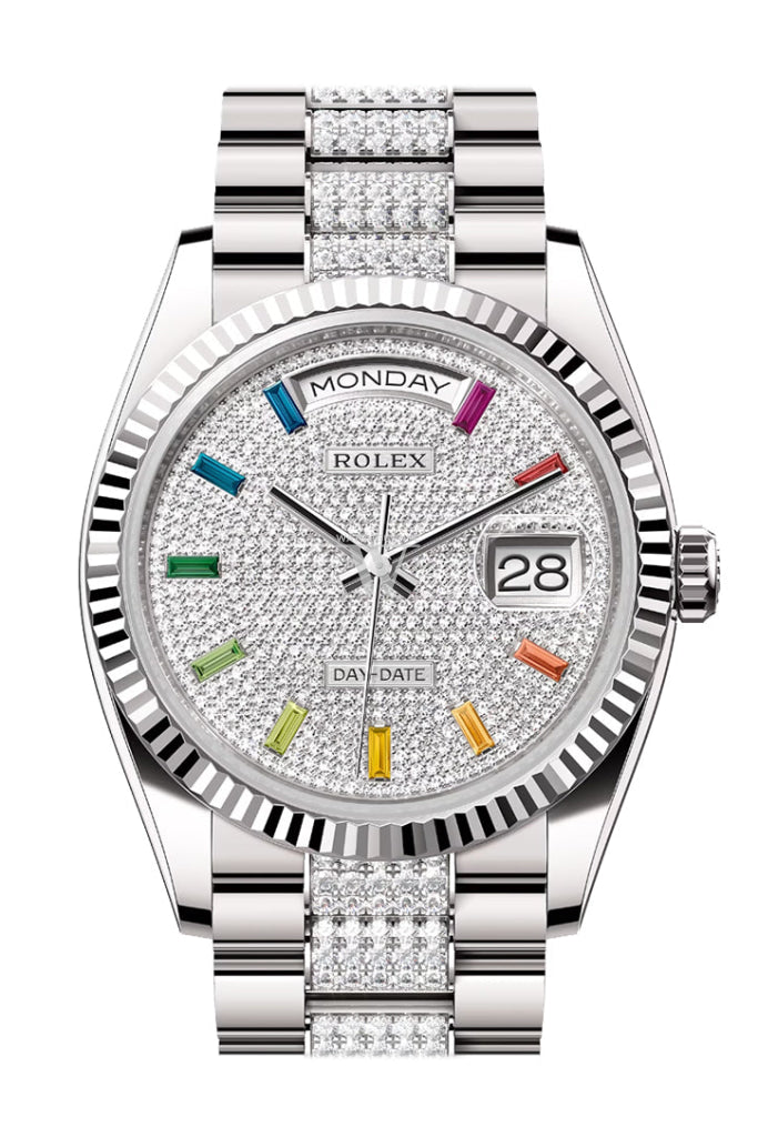 Rolex Day-Date 36 Diamond Paved Dial Fluted Bezel White Gold President Watch 128239