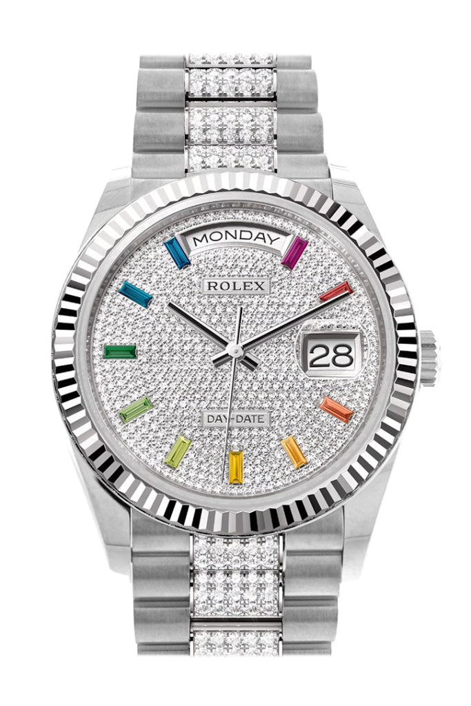 Rolex Day-Date 36 Diamond Paved Dial Fluted Bezel White Gold President Watch 128239