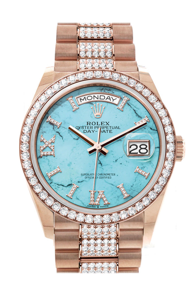 Rolex Day-Date 36 Turquoise Dial Diamond Bezel 18K Everose Gold President Watch 128345Rbr