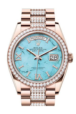 Rolex Day-Date 36 Turquoise Dial Diamond Bezel 18K Everose Gold Diamond President Watch 128345RBR