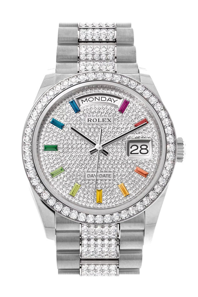 Rolex Day-Date 36 Diamond Paved Dial Bezel White Gold President Watch 128349Rbr