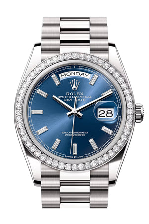 Rolex Day Date 40 Bright Blue Diamond Dial Diamond Bezel White Gold President Bracelet 128349RBR