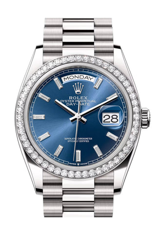 Rolex Day Date 40 Bright Blue Diamond Dial Bezel White Gold President Bracelet 128349Rbr Watch