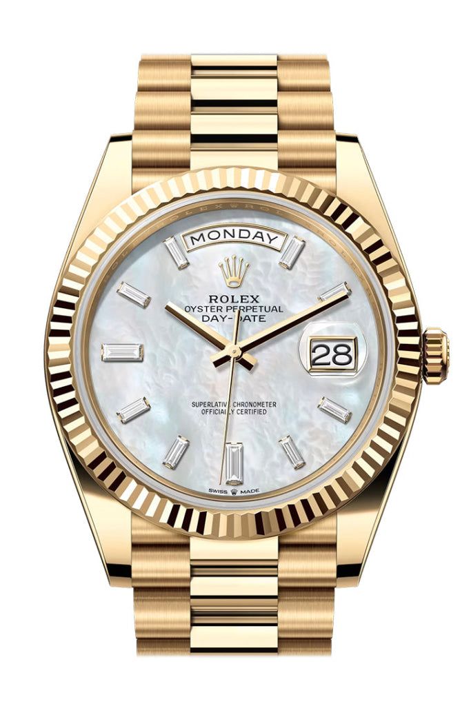 Rolex Day Date 40 White Mop Diamond Dial Fluted Bezel Yellow Gold President Bracelet 228238 Watch