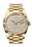 Rolex Day Date 40 Pave Diamond Dial Fluted Bezel Yellow Gold President Bracelet 228238