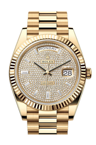 Rolex Day Date 40 Pave Diamond Dial Fluted Bezel Yellow Gold President Bracelet 228238 Watch