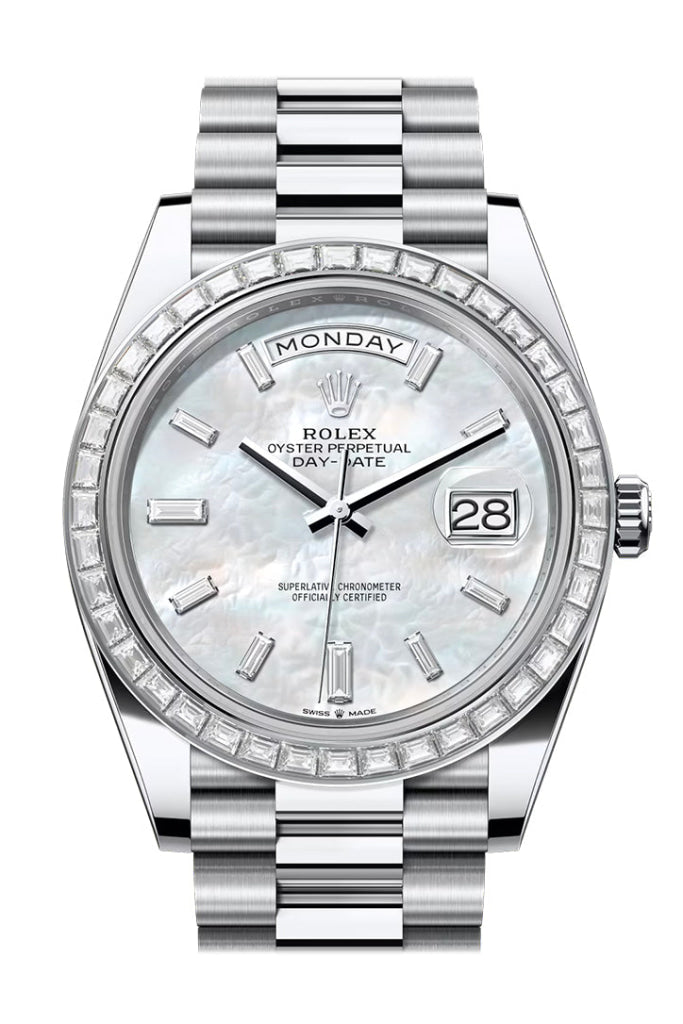 Rolex Day Date 40 White Mop Diamond Dial Bezel Platinum President Bracelet 228396Tbr Watch