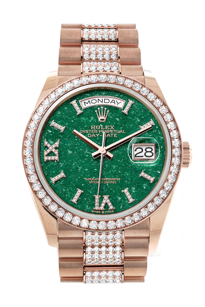 Rolex Day-Date 36 Green Aventurine Dial Diamond Bezel 18K Everose Gold President Watch 128345Rbr