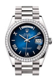 Rolex Day Date 40 Blue Ombre Roman Dial Diamond Bezel White Gold President Bracelet 128349RBR