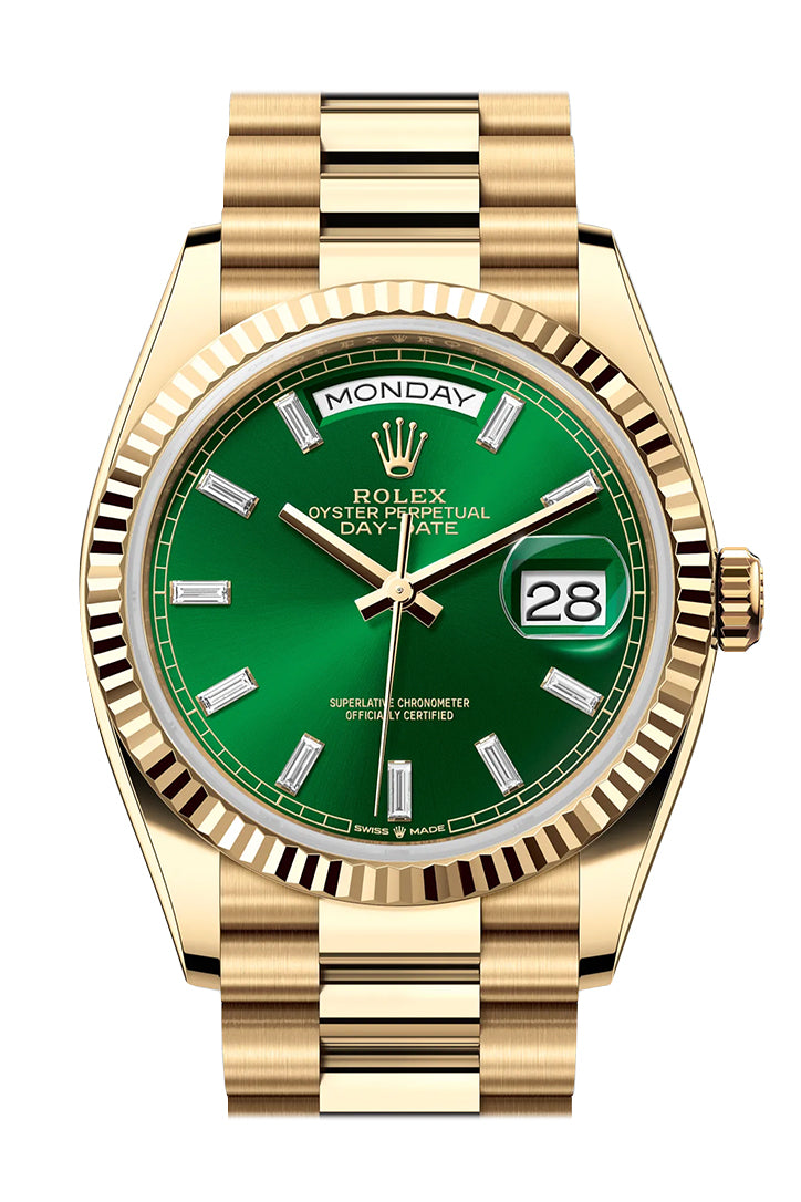 Rolex Day-Date 36 Bright Green Dial Gold Fluted Bezel Yellow Gold Watch 128238