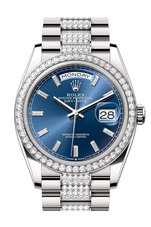 Rolex Day Date 40 Bright Blue Diamond Dial Diamond Bezel White Gold President Diamond Bracelet 128349RBR