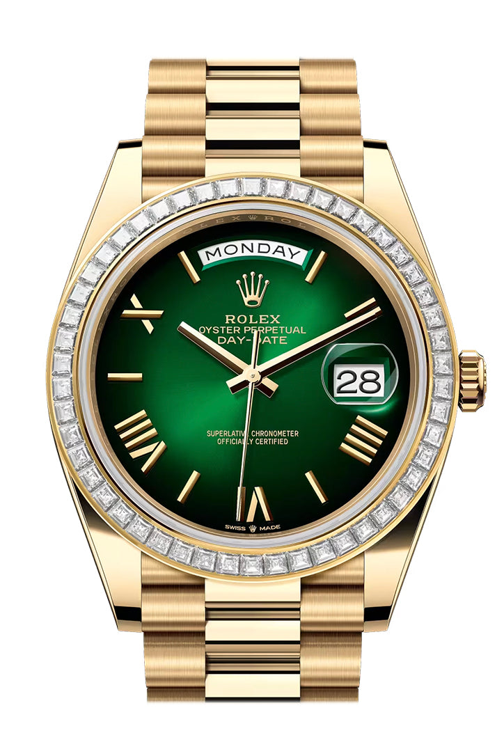 Rolex Day-Date 40 Green Ombre Roman Dial Diamonds Bezel Yellow Gold 228398TBR-0042 228398TBR