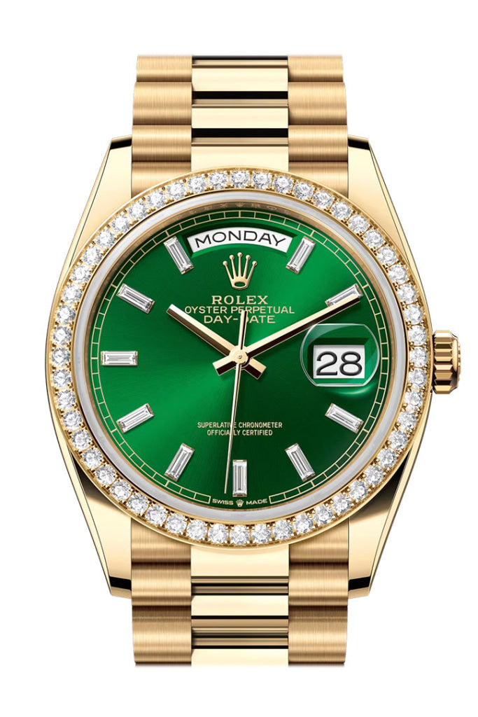 Rolex Day Date 40 Bright Green Diamond Set Dial Bezel Yellow Gold President Bracelet 128348Rbr Watch