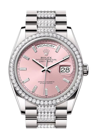 Rolex Day Date 40 Pink Diamond Dial Diamond Bezel White Gold President Diamond Bracelet 128349RBR