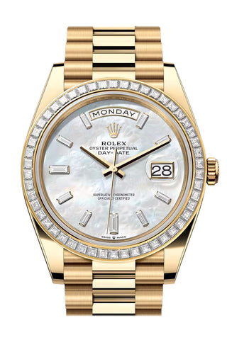 Rolex Day-Date 40 Mother of Pearl Baguette Diamond Dial Diamonds Bezel Yellow Gold 228398TBR-0038 228398TBR