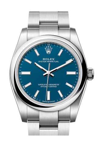 Rolex Oyster Perpetual 34 Blue Dial Smooth Bezel Watch 124200