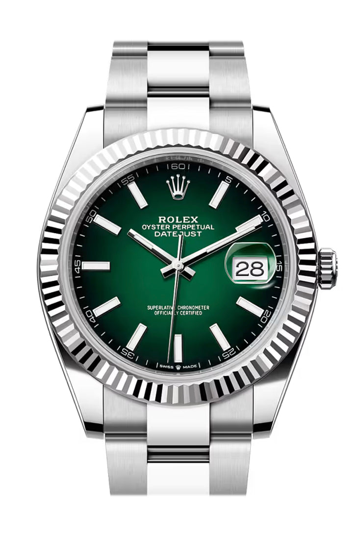 Rolex Datejust 41 Green Ombre Dial Fluted Bezel White Gold Watch 126334-0033 126334