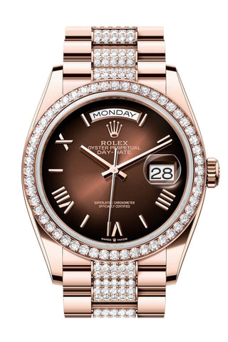 Rolex Day Date 40 Brown Ombre Roman Dial Diamond Bezel Rose Gold President Bracelet 128345Rbr Watch