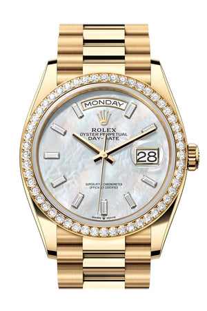 Rolex Day Date 40 White MOP Diamond Dial Diamond Bezel Yellow Gold President Bracelet 128348RBR