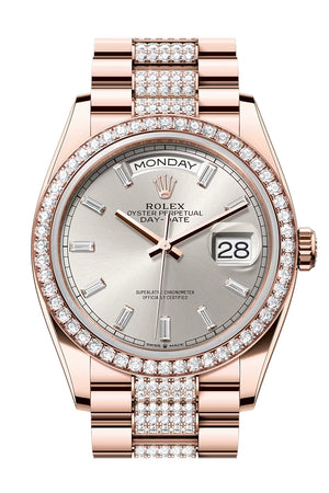 Rolex Day Date 36 Silver Diamond Dial Diamond Bezel Rose Gold President Diamond Bracelet 128345RBR