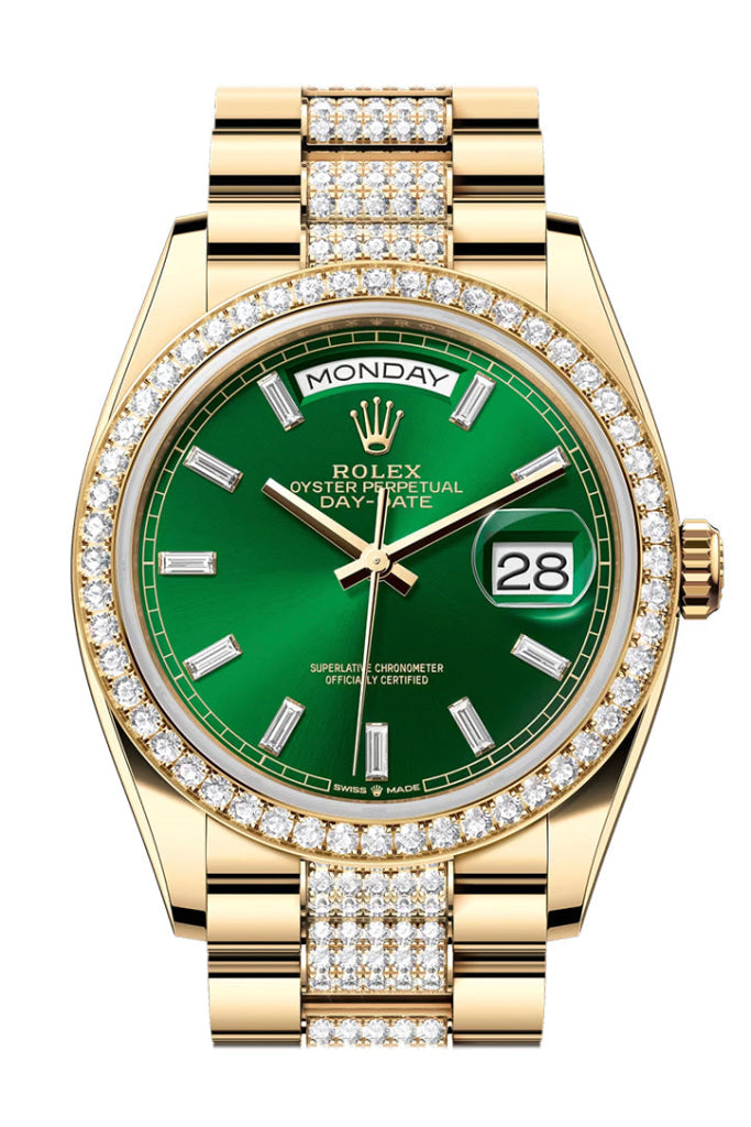 Rolex Day Date 40 Bright Green Diamond Set Dial Bezel Yellow Gold President Bracelet 128348Rbr Watch