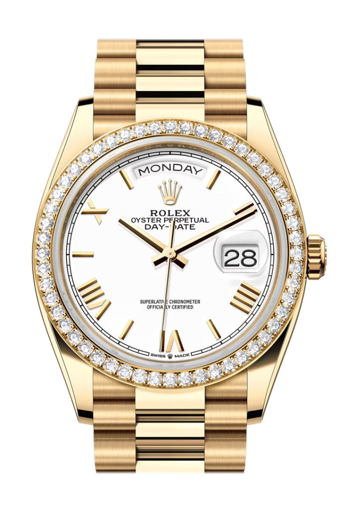 Rolex Day Date 40 White Roman Dial Diamond Bezel Yellow Gold President Bracelet 128348Rbr Watch