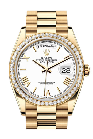 Rolex Day Date 40 White Roman Dial Diamond Bezel Yellow Gold President Diamond Bracelet 128348RBR