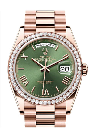 Rolex Day Date 36 Olive Green Diamond Dial Diamond Bezel Rose Gold President Diamond Bracelet 128345RBR