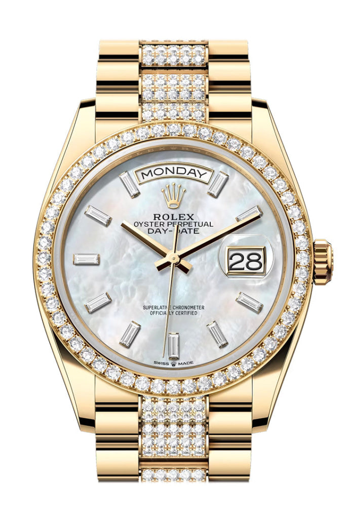 Rolex Day Date 40 White Mop Diamond Dial Bezel Yellow Gold President Bracelet 128348Rbr Watch