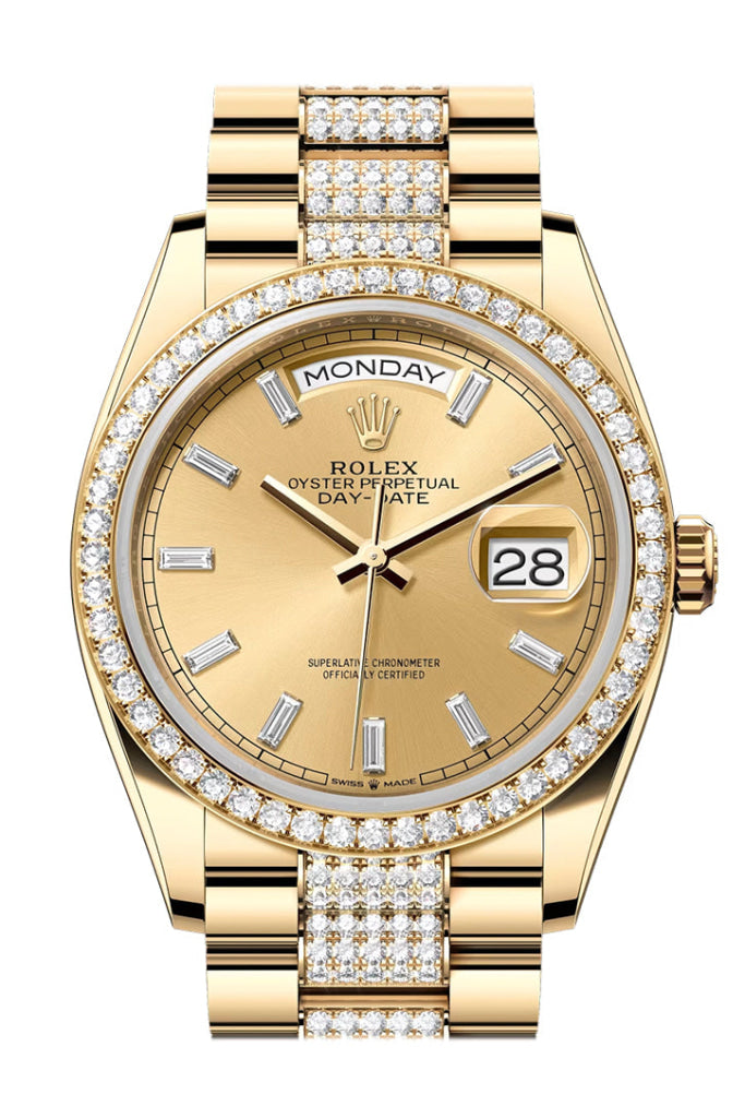 Rolex Day Date 40 Champagne Diamond Dial Bezel Yellow Gold President Bracelet 128348Rbr Watch