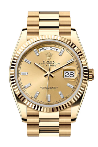 Rolex Day-Date 36 Champagne Baguette Diamonds Dial Fluted Bezel Yellow Gold 128238-0132 128238