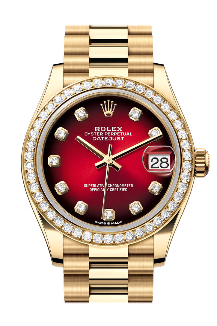 Rolex Date Just 31 Red Ombre Dial Diamond Bezel Yellow Gold Watch 278288RBR
