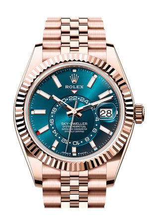 Rolex Sky Dweller Blue Green Dial Fluted Bezel Rose Gold Jubilee Bracelet 336935